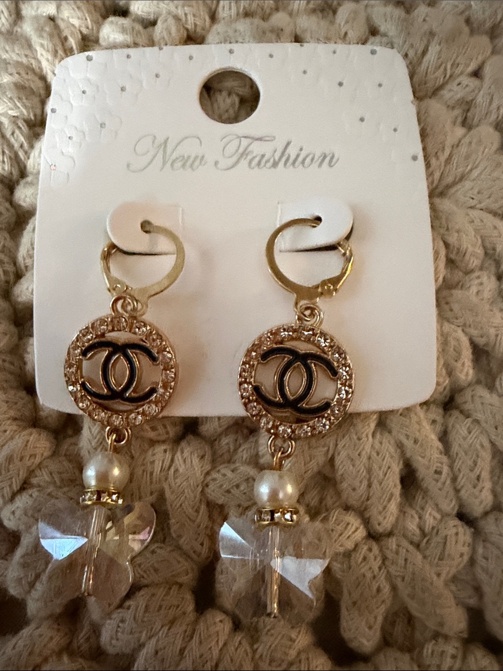 Gold-Tone Crystal and Pearl Drop Earrings with Interlocking Logo Motif, (FASHION